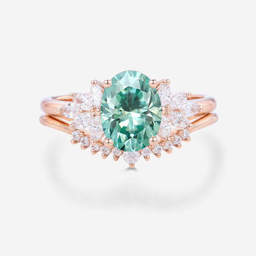 Oval cut Green Moissanite Engagement ring Bridal Set
