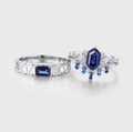 Hexagon Sapphire Couples Ring Set- His and Hers Wedding Band Leaf Vine Floral Bridal Set