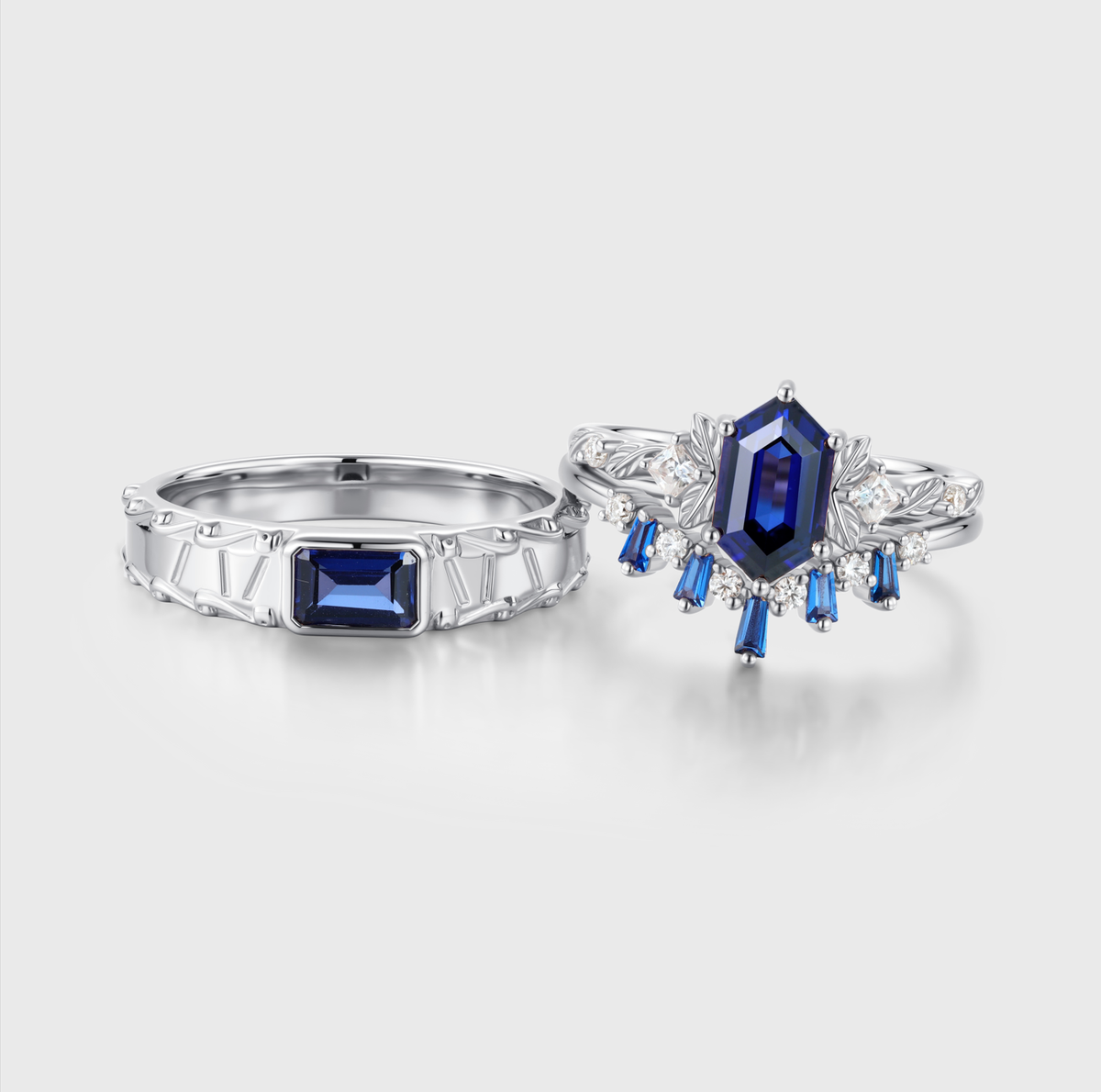 Hexagon Sapphire Couples Ring Set- His and Hers Wedding Band Leaf Vine Floral Bridal Set