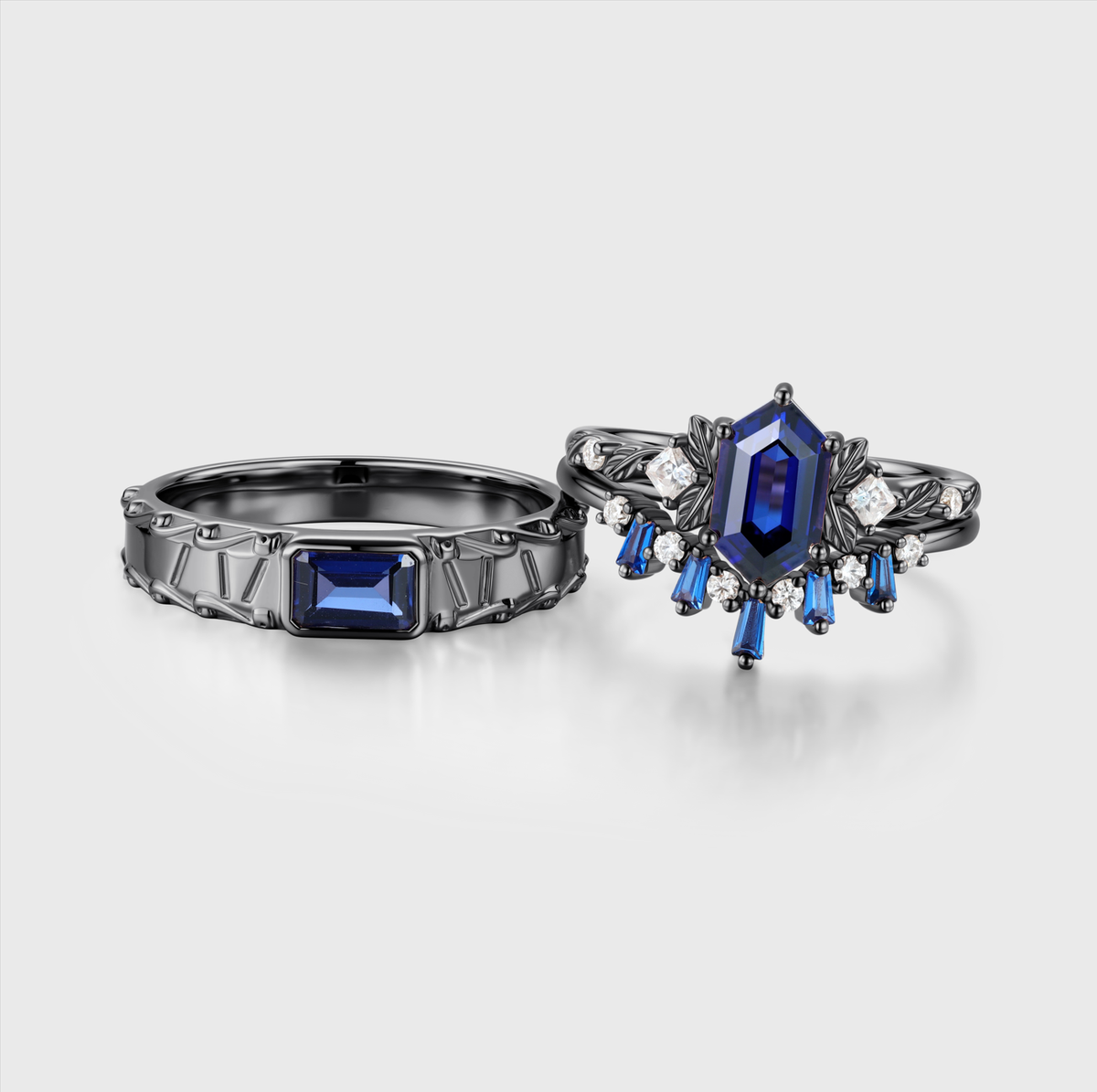 Hexagon Sapphire Couples Ring Set- His and Hers Wedding Band Leaf Vine Floral Bridal Set