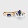 Hexagon Sapphire Couples Ring Set- His and Hers Wedding Band Leaf Vine Floral Bridal Set