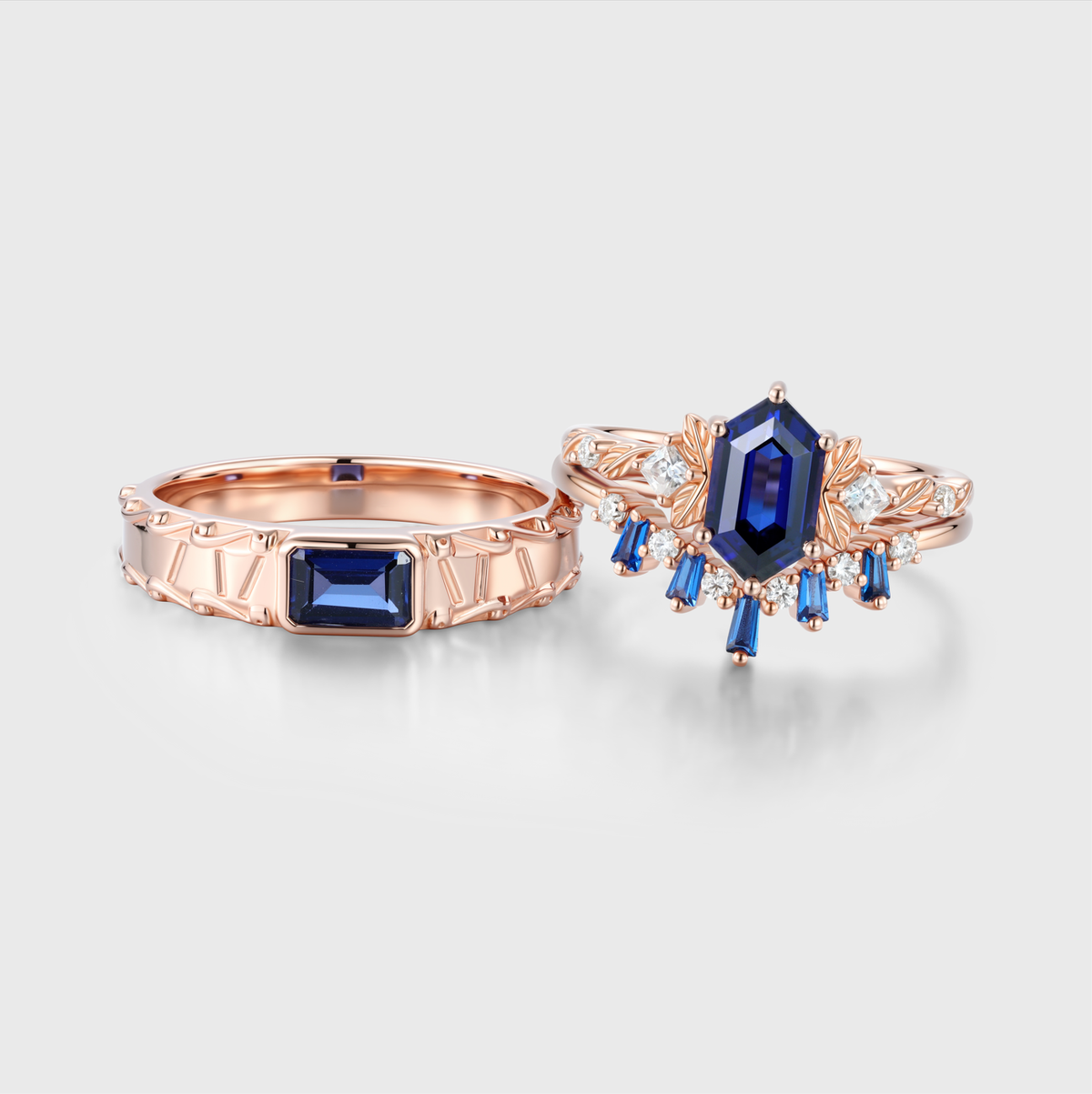 Hexagon Sapphire Couples Ring Set- His and Hers Wedding Band Leaf Vine Floral Bridal Set