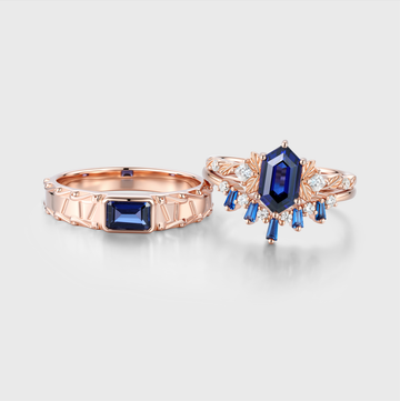 Hexagon Sapphire Couples Ring Set- His and Hers Wedding Band Leaf Vine Floral Bridal Set