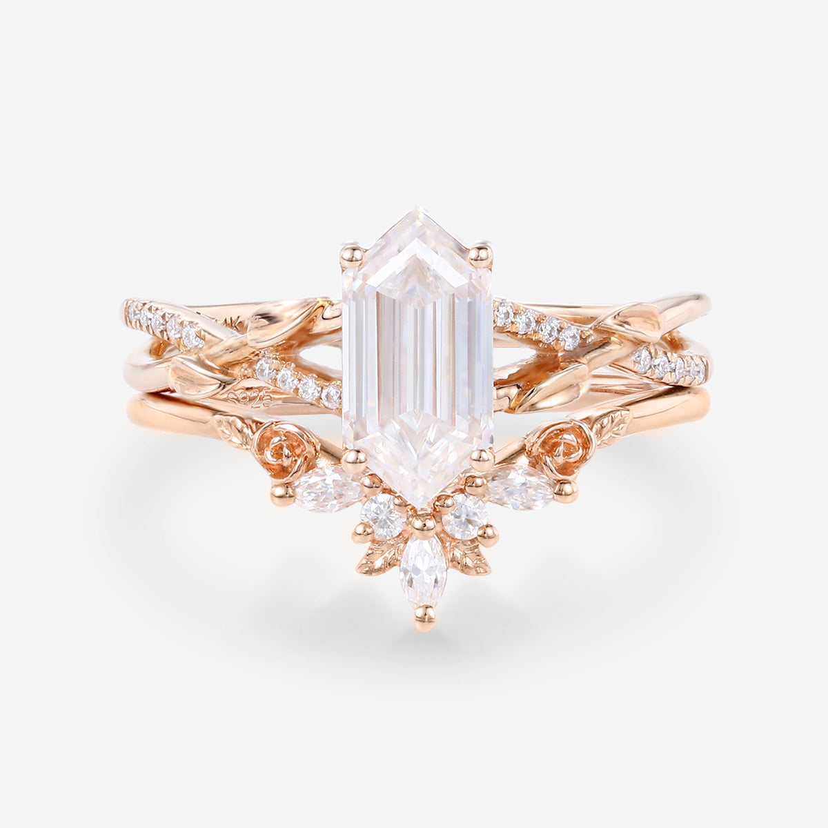 Hexagon cut Moissanite Engagement Ring diamonds Rose Gold Wedding Bridal Set