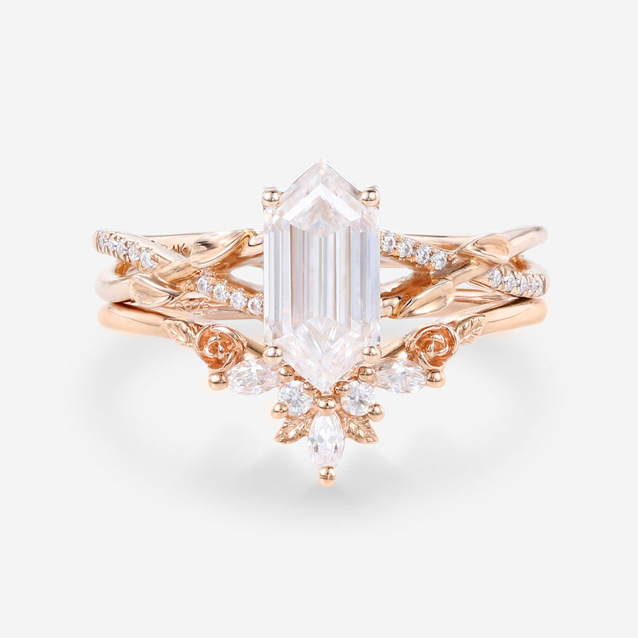 Hexagon cut Moissanite Engagement Ring diamonds Rose Gold Wedding Bridal Set
