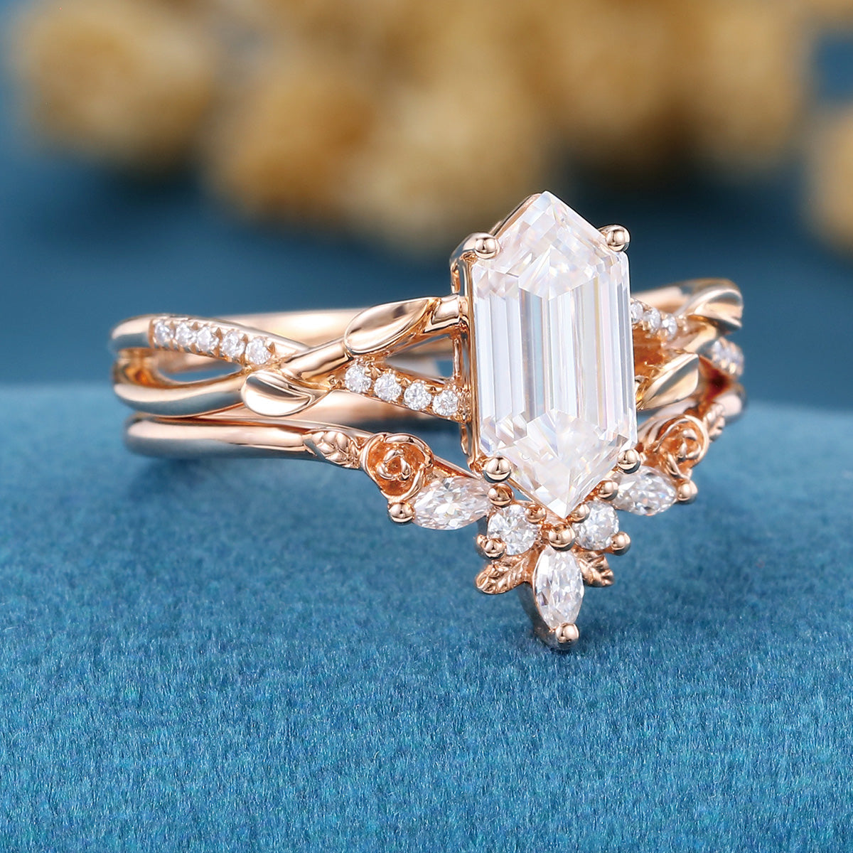 Hexagon cut Moissanite Engagement Ring diamonds Rose Gold Wedding Bridal Set