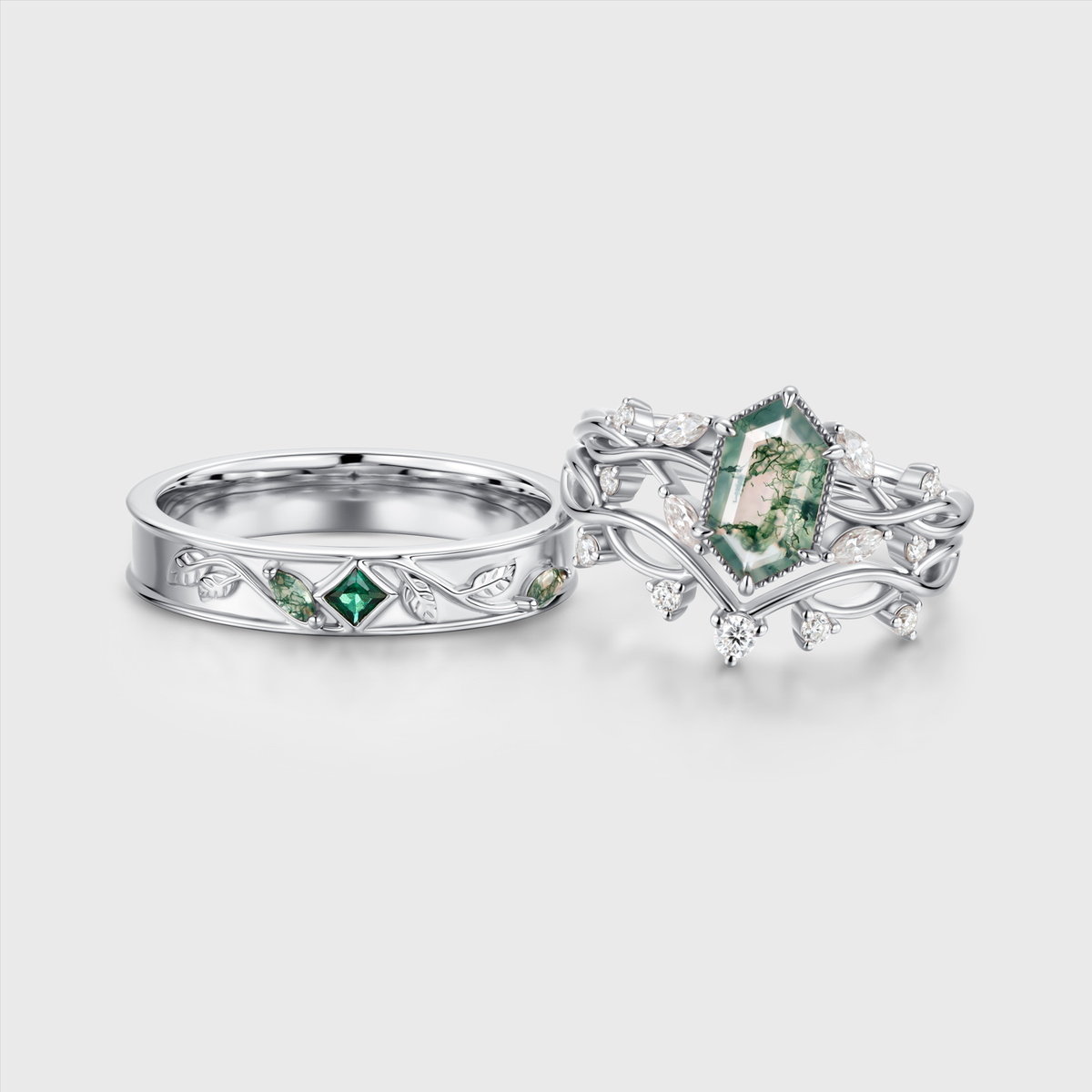 Hexagon cut Moss Agate Twisted‑Vine Couple Rings