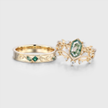 Hexagon cut Moss Agate Twisted‑Vine Couple Rings