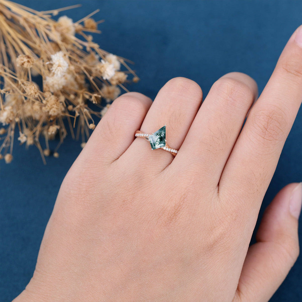 Kite Cut Natural Green Moss Agate Cluster Engagement Ring 