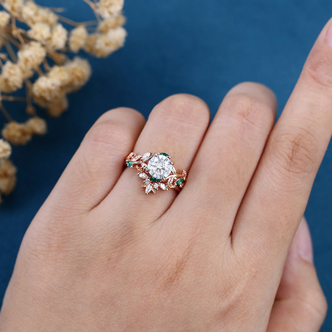 Pear Moissanite Engagement ring + Pink Sapphire | Lab Emerald Curved Wedding bridal set