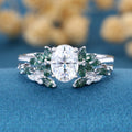 Vintage Oval cut Moissanite + Moss agate Wedding Bridal Set