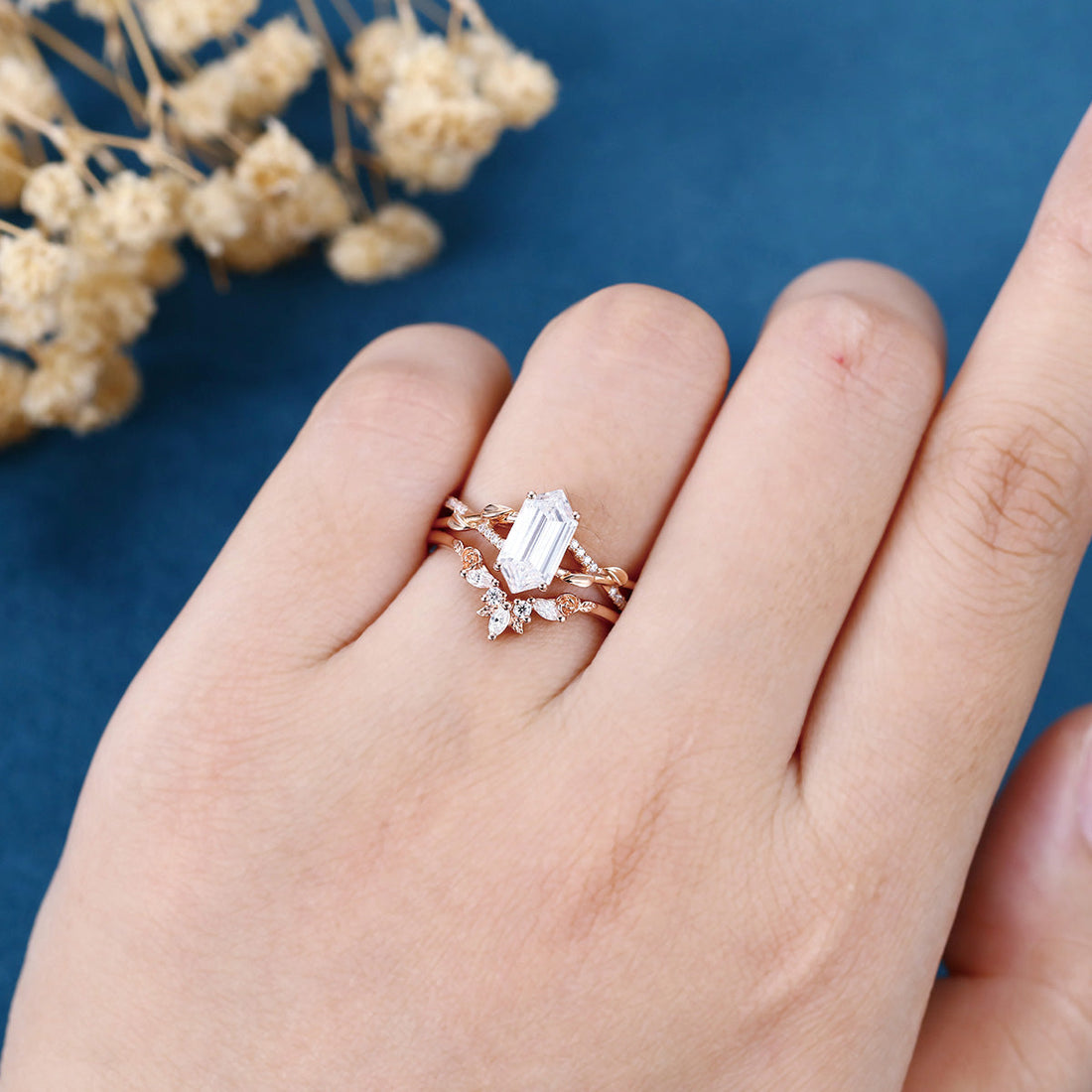 Long Hexagon cut Lab-Grown Diamond Wedding Bridal Set