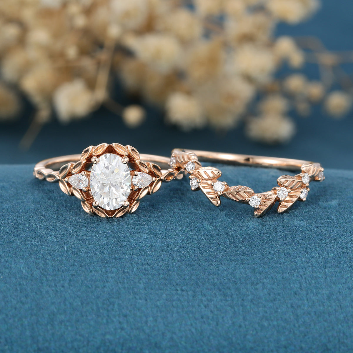 Nature Inspired Round cut Moissanite Leaf Gold ring set