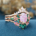 Oval cut Lab Pink Opal Rose Gold Matching Moissanite | Lab Grown Emerald |  Natural Pink Sapphires  Rose Gold Wedding Bridal Set