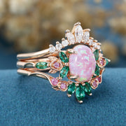 Oval cut Lab Pink Opal Rose Gold Matching Moissanite | Lab Grown Emerald |  Natural Pink Sapphires  Rose Gold Wedding Bridal Set