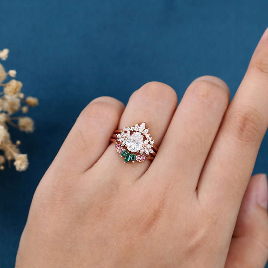 Pear cut Moissanite Rose Gold Matching Diamonds | Lab Grown Emerald Wedding bridal set