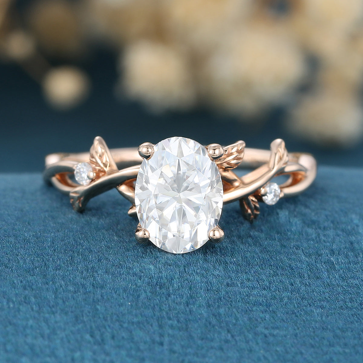 Nature Inspired Oval cut Moissanite Leaf Gold Engagement Ring