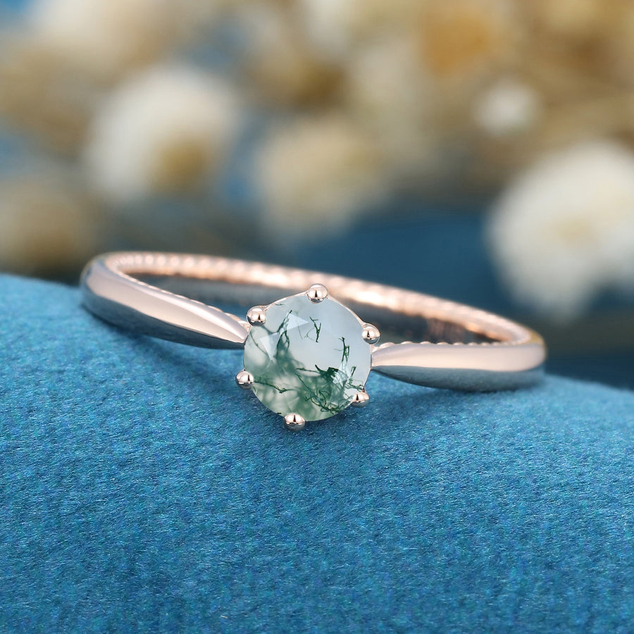 Round Cut Natural Green Moss Agate Engagement Ring 