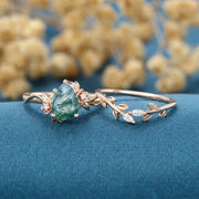 1.2Carat Pear Cut Moss Agate Cluster Engagement ring Bridal Set