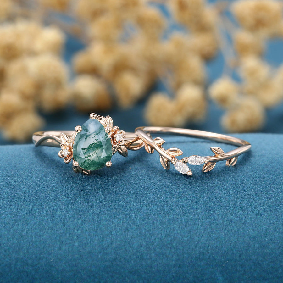 1.2Carat Pear Cut Moss Agate Cluster Engagement ring Bridal Set