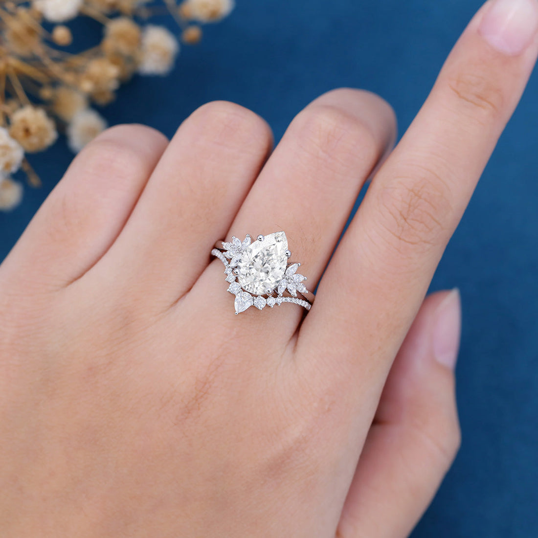 Pear cut Lab-Grown Diamond Engagement ring Rose gold Cluster Diamond Wedding Bridal Set