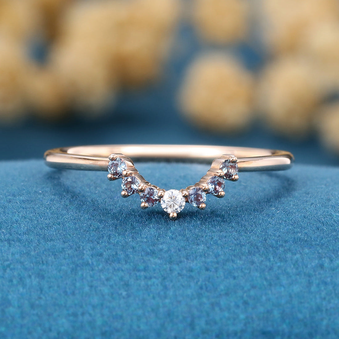 Round cut Alexandrite Curved Wedding Band Ring