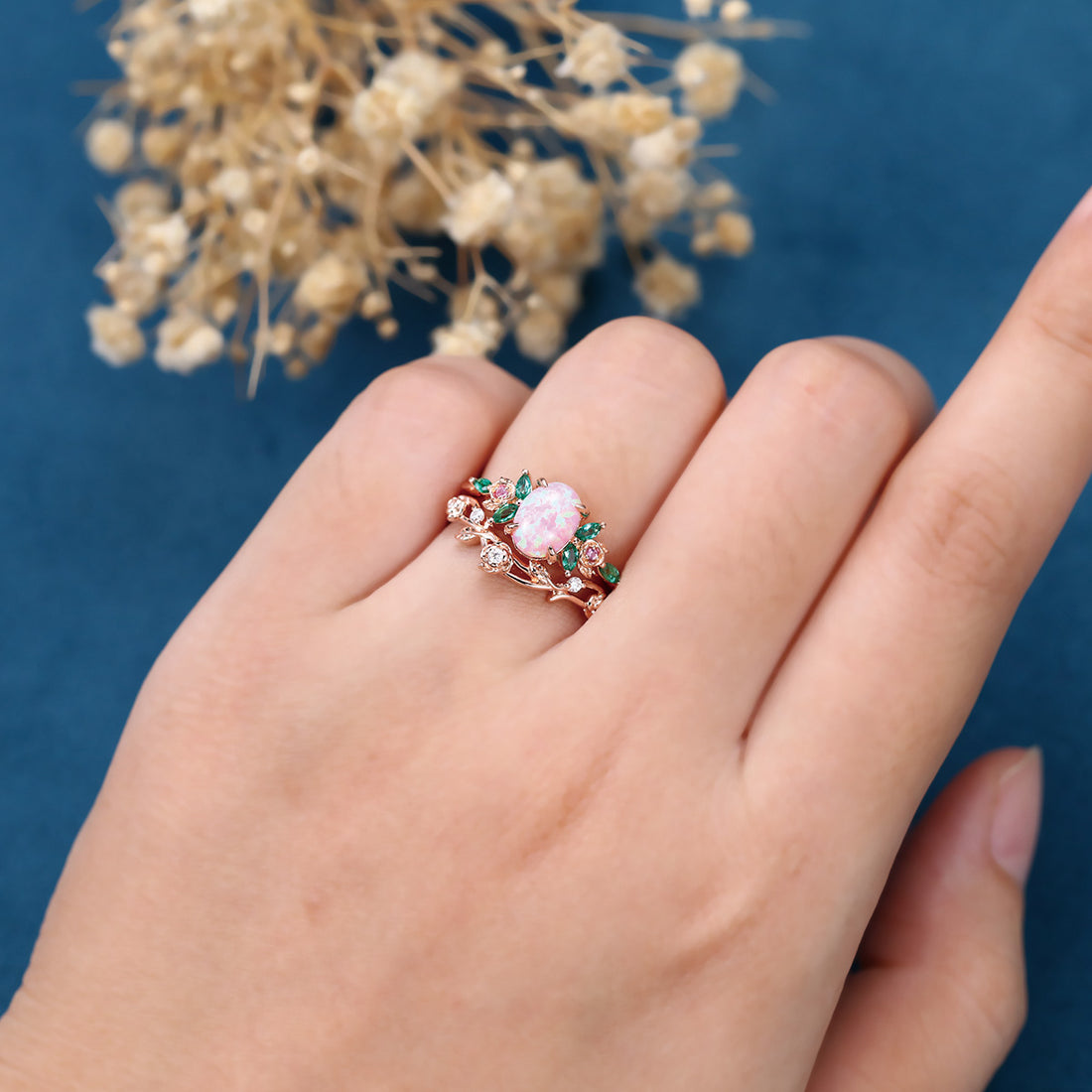 Oval cut  Lab Pink Opal Matching Lab Emeralds+ Pink Sapphire Rose Gold Engagement ring set