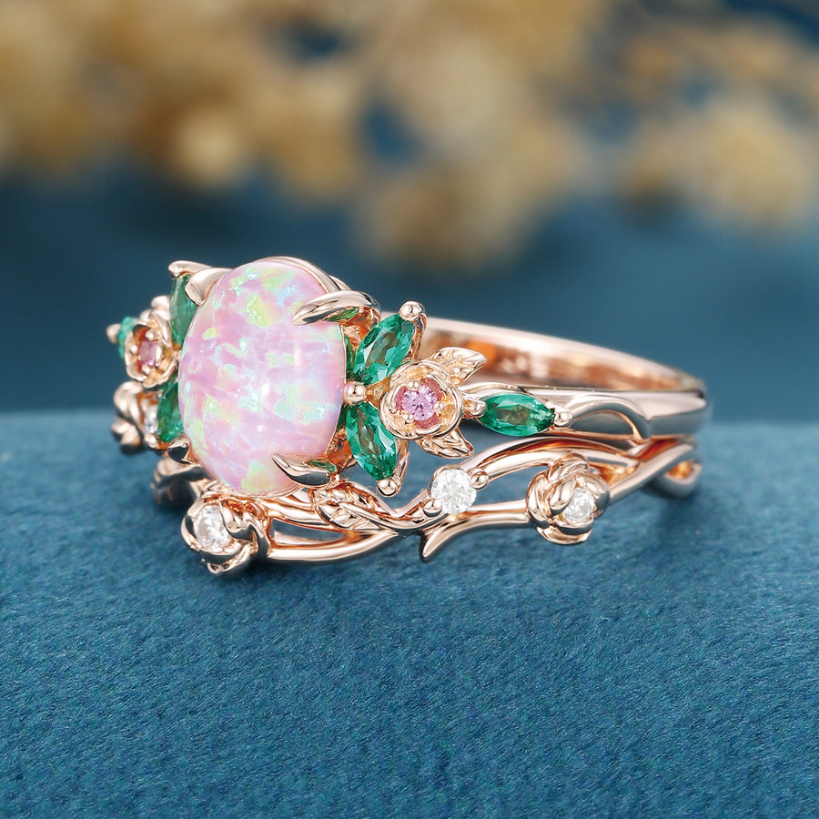 Oval cut  Lab Pink Opal Matching Lab Emeralds+ Pink Sapphire Rose Gold Engagement ring set