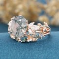 3.0Carat Oval Cut Moss Agate Rose gold leaf vine Marquise cut Moss+Moissanite Curve Wedding Band Set