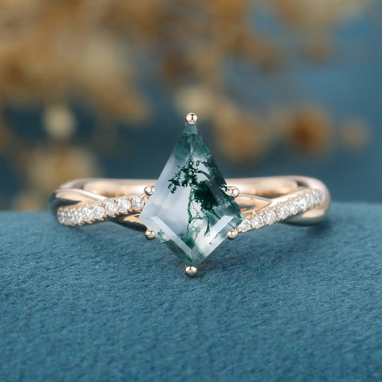 Kite Cut Natural Green Moss Agate Cluster Engagement Ring 