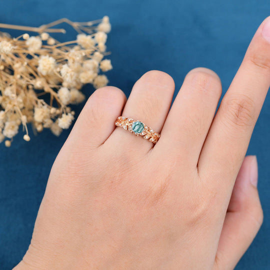 Nature Inspired Round cut Moss Agate Leaf Gold Engagement Ring