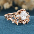 Nature Inspired Round cut Moissanite Leaf Gold ring set