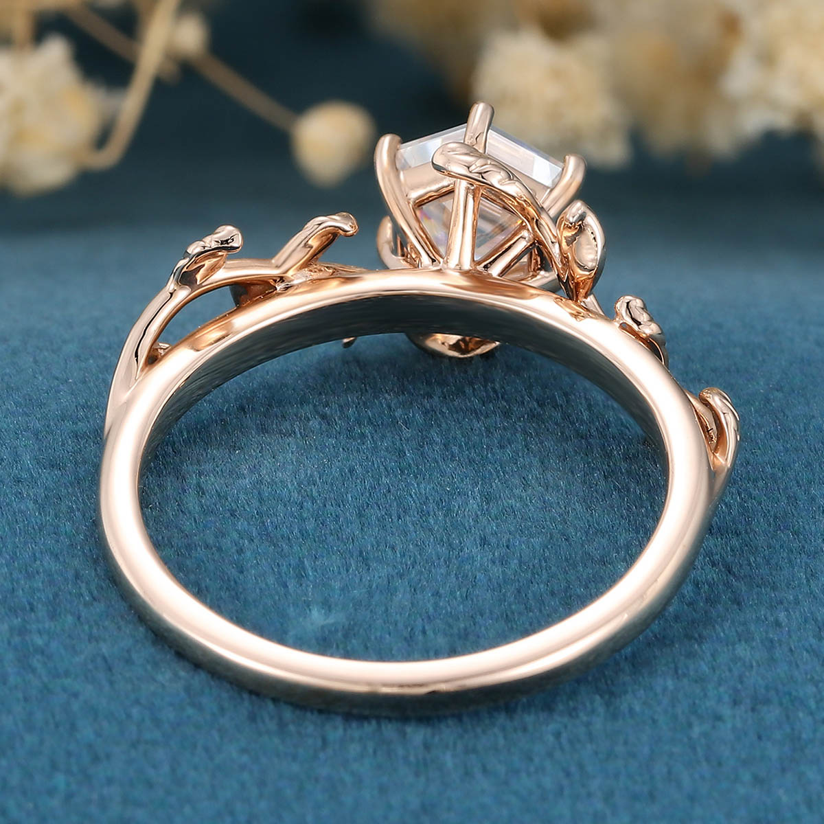 Nature Inspired Hexagon cut Moissanite Leaf Gold Engagement Ring