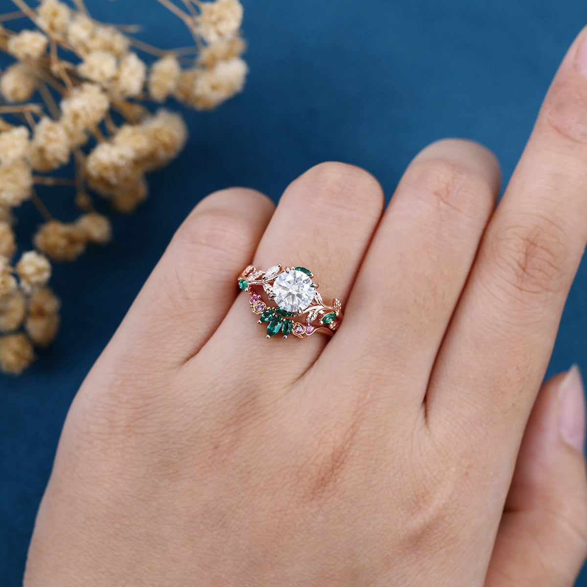 Round cut Moissanite + Pink Sapphire | Lab Emerald Curved Wedding bridal set