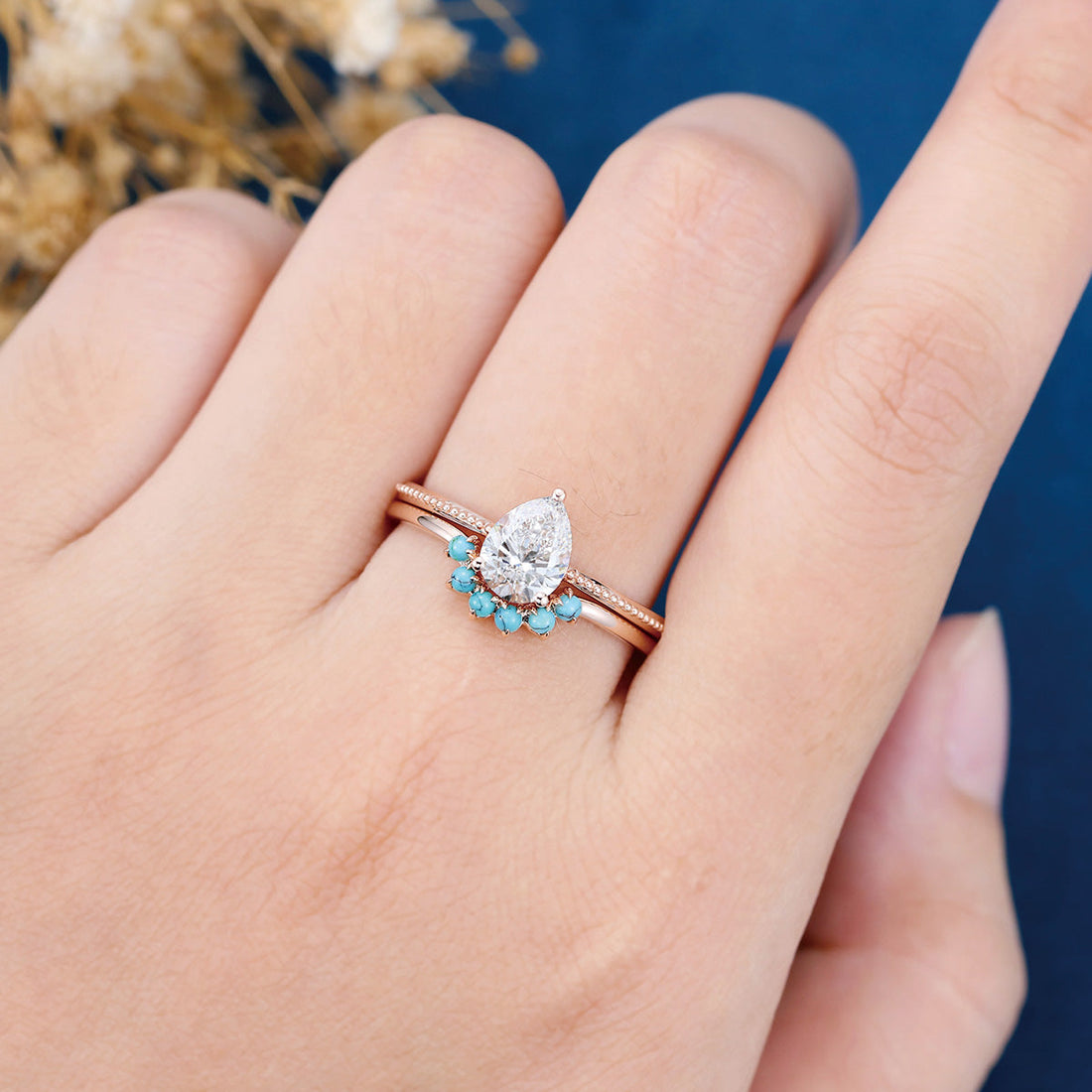 1.2 Carat Pear cut Lab Grown Diamond + Turquoise Wedding bridal set