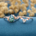 1.2Carat Pear Cut Moss Agate Cluster Engagement ring Bridal Set