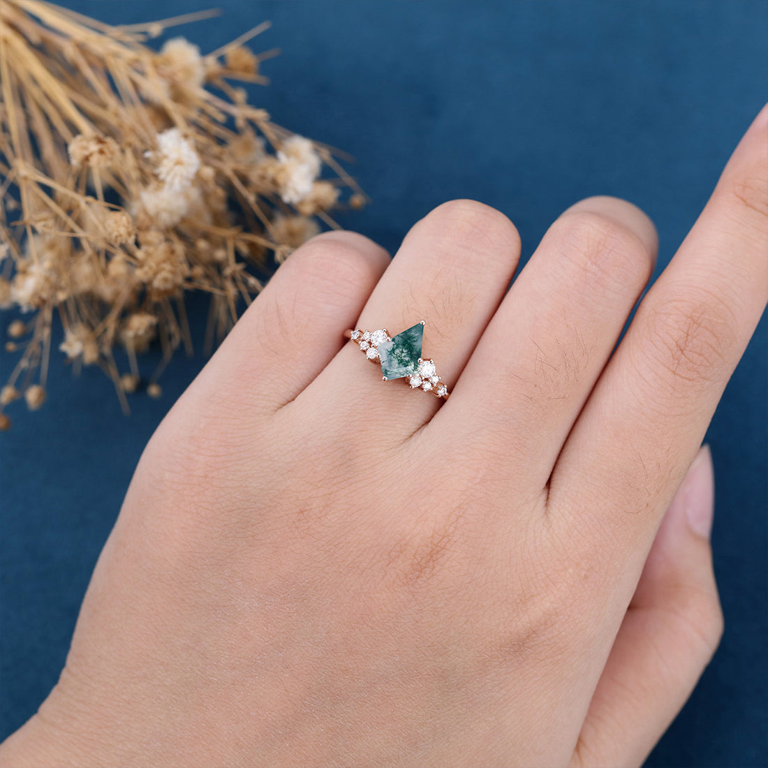 Kite Cut Natural Green Moss Agate Cluster Engagement Ring