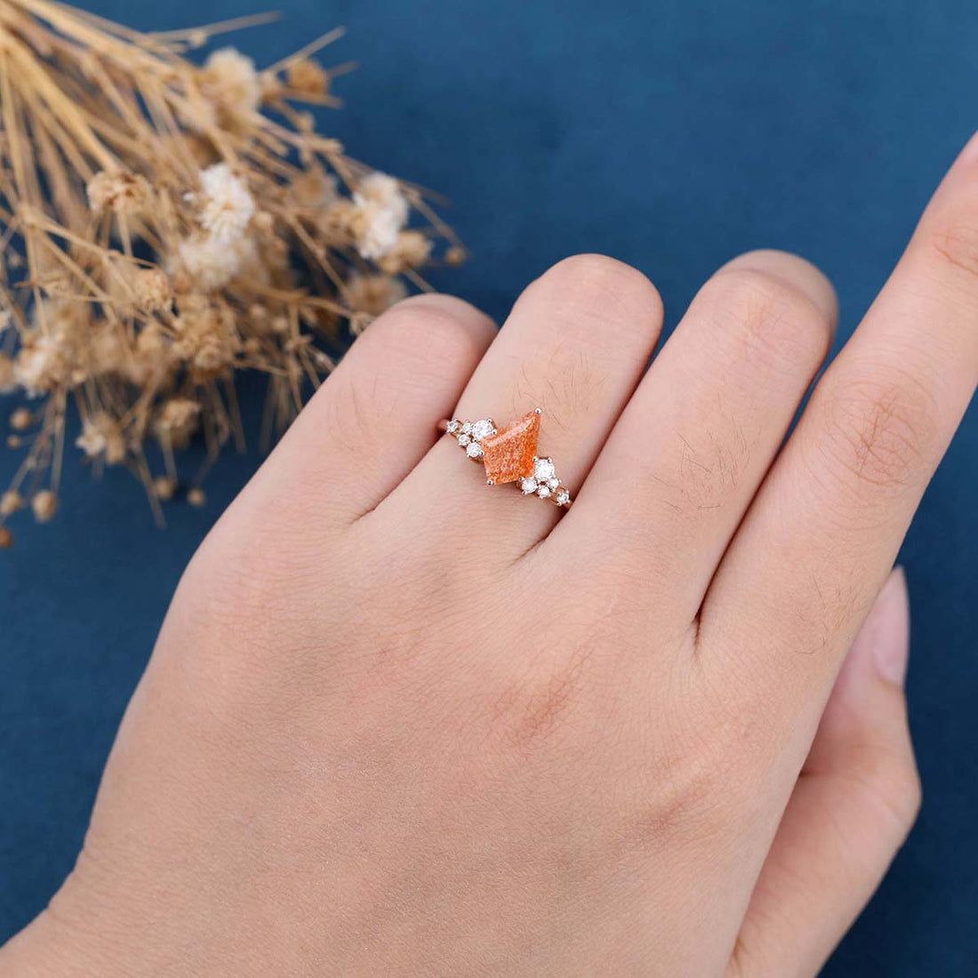 Kite Cut Sunstone Cluster Engagement Ring