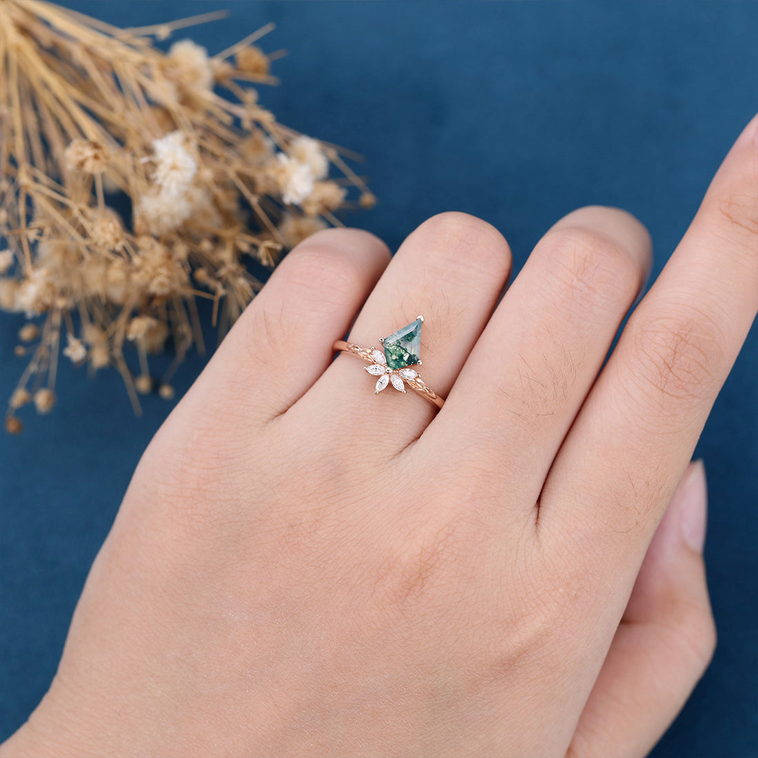 Kite Cut Natural Green Moss Agate Cluster Engagement Ring