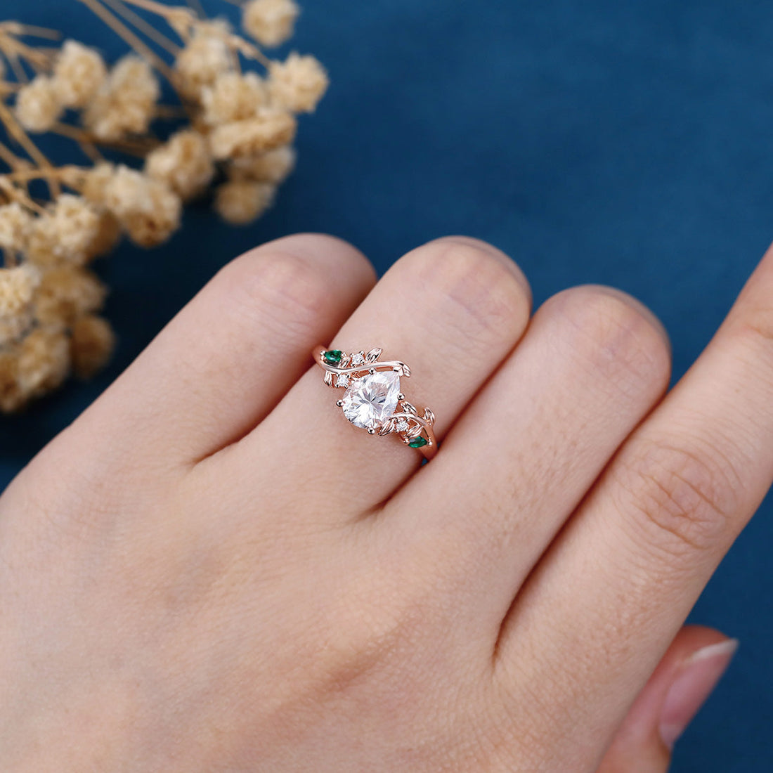 Nature Inspired Pear cut Moissanite + Lab Emerald Engagement Ring