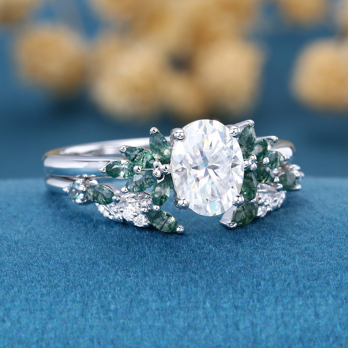 Vintage Oval cut Moissanite + Moss agate Wedding Bridal Set