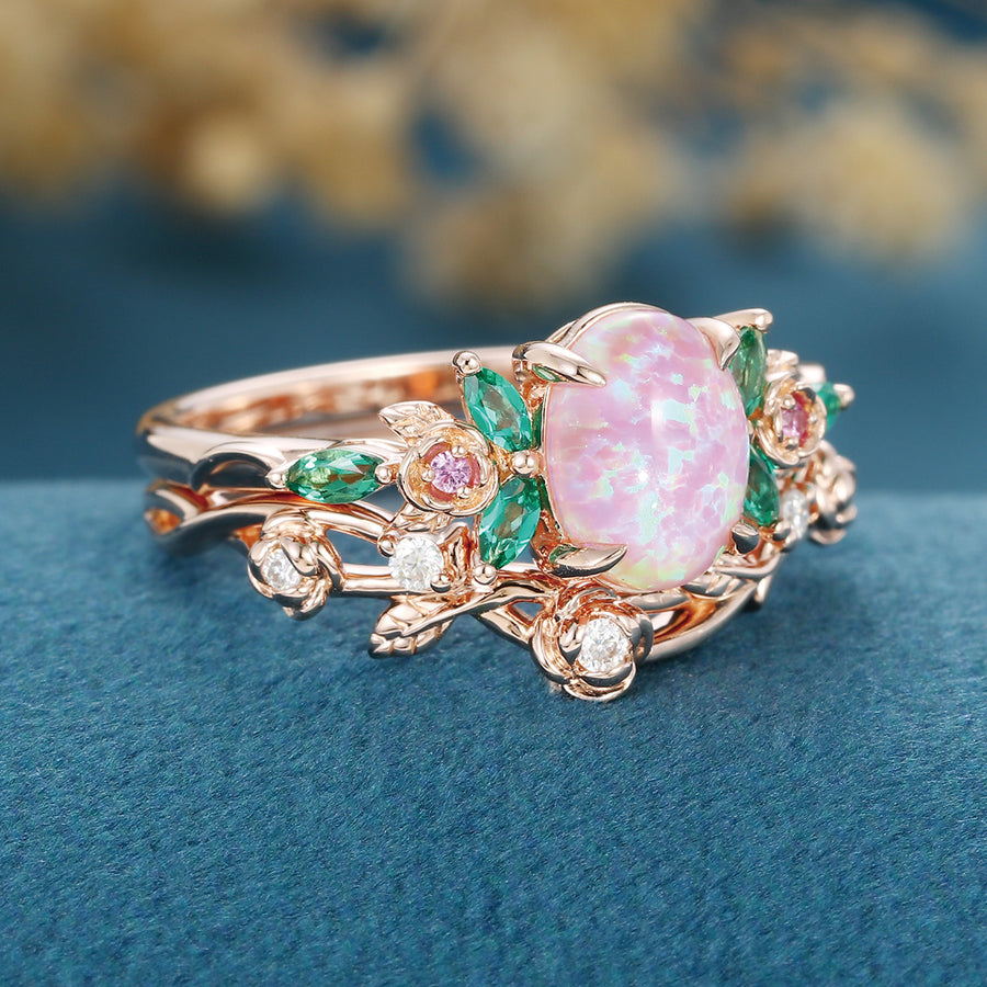 Oval cut  Lab Pink Opal Matching Lab Emeralds+ Pink Sapphire Rose Gold Engagement ring set