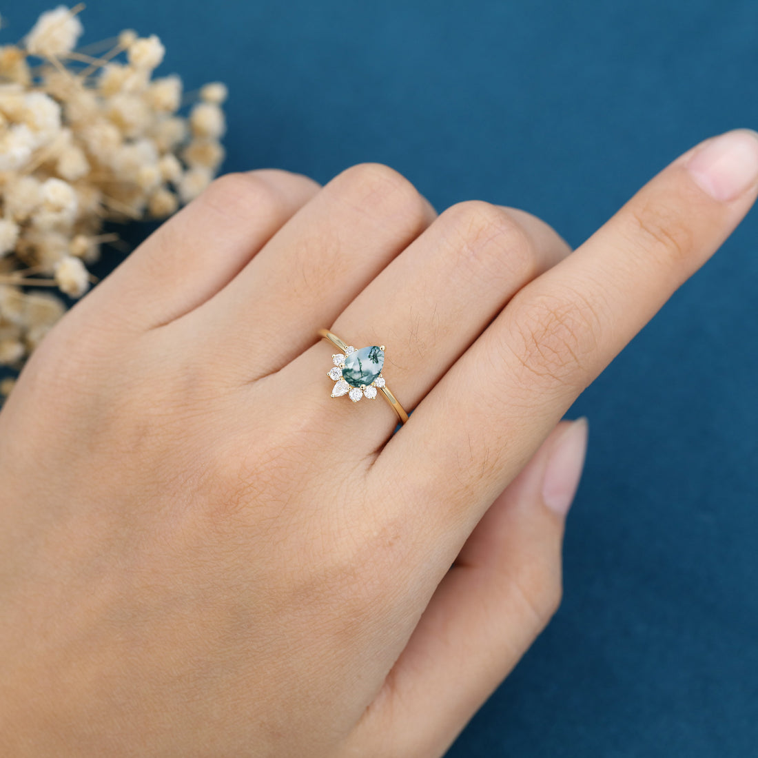 Pear Cut Natural Green Moss Agate Cluster Engagement Ring