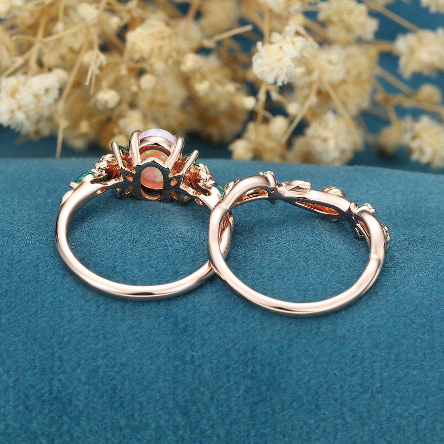 Oval cut  Lab Pink Opal Matching Lab Emeralds+ Pink Sapphire Rose Gold Engagement ring set