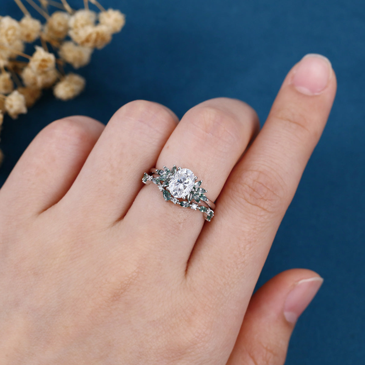 Oval cut Moissanite+ Opal Engagement ring Moss agate Wedding Bridal set (Copy)