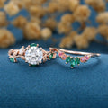 Round cut Moissanite + Pink Sapphire | Lab Emerald Curved Wedding bridal set