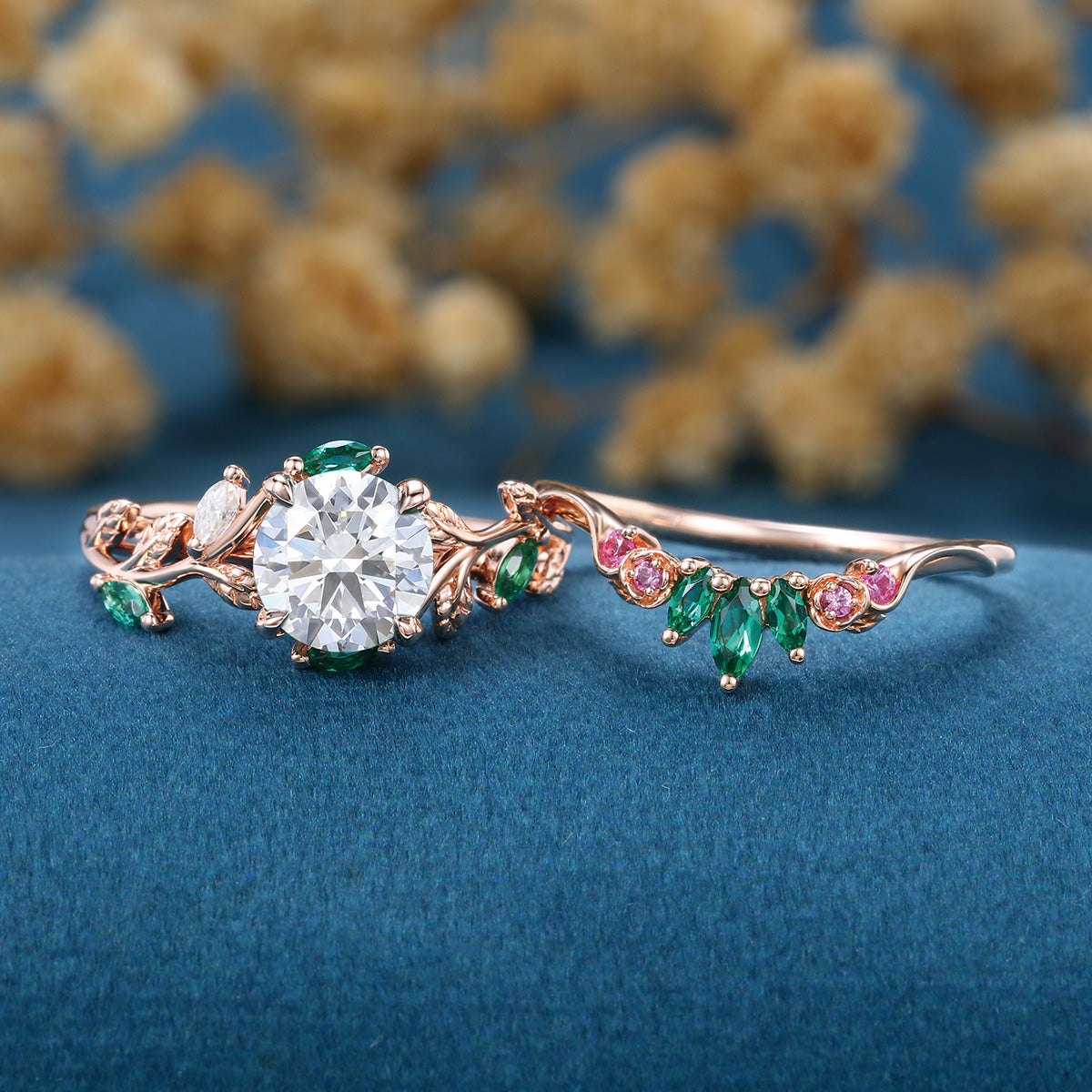 Round cut Moissanite + Pink Sapphire | Lab Emerald Curved Wedding bridal set