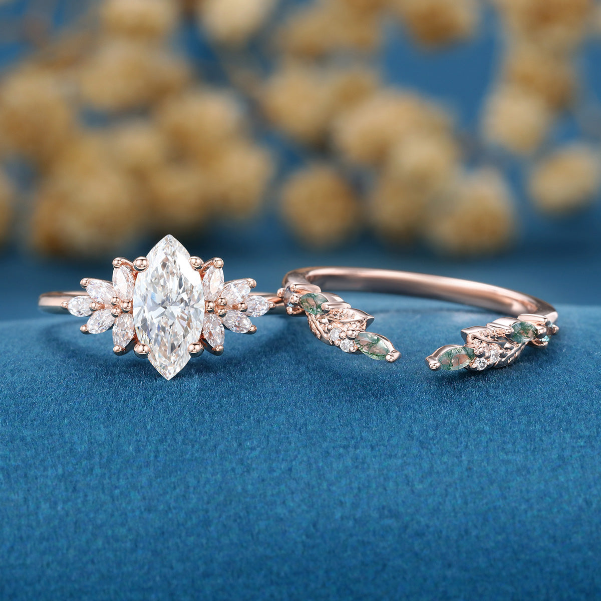 Marquise cut Lab grown Diamond  Engagement ring +Moss agate Wedding Bridal set