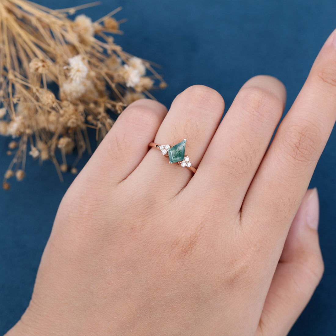 Kite Cut Natural Green Moss Agate Cluster Engagement Ring