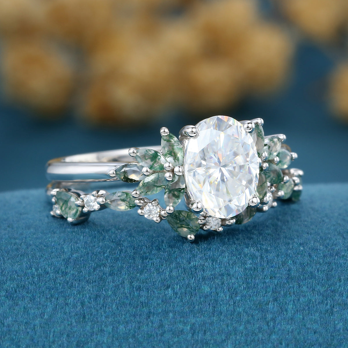 Oval cut Moissanite+ Opal Engagement ring Moss agate Wedding Bridal set (Copy)
